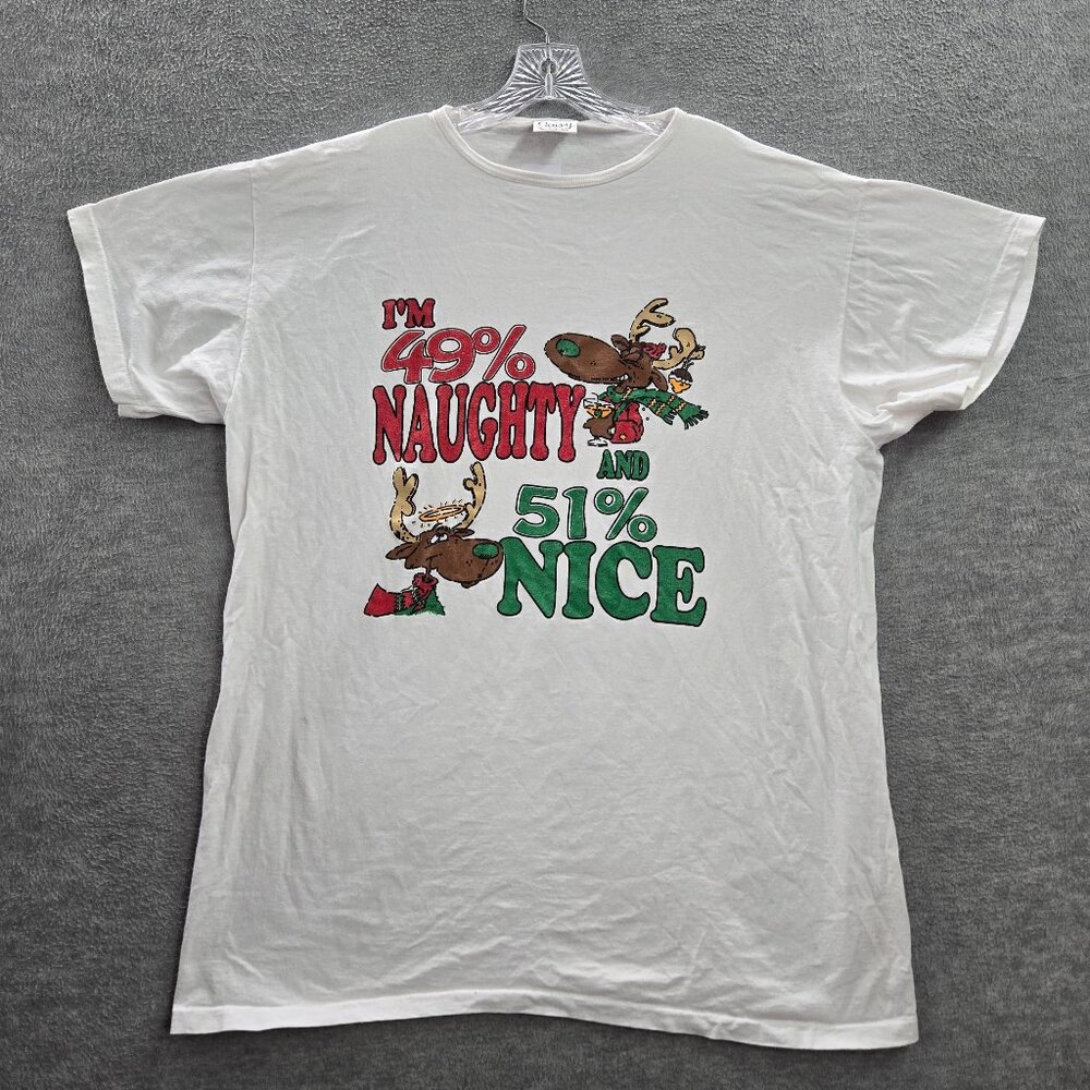 VINTAGE Naughty Nice Women Top One Size White Shirt Single Stitch 90s USA